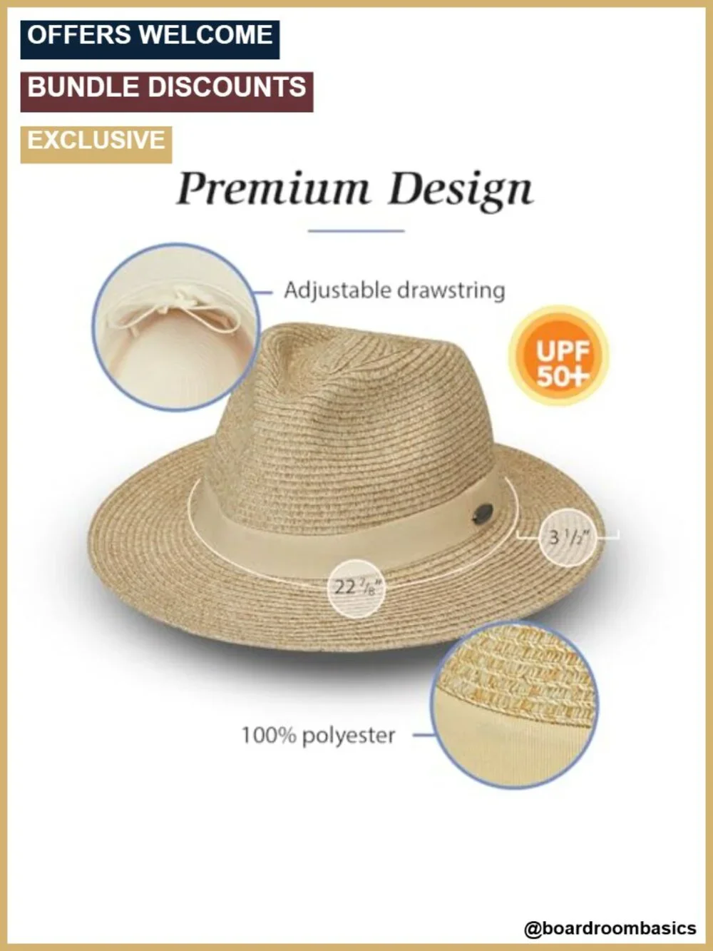 UPF 50+ Packable Fedora Sun Hat with Adjustable Drawstring